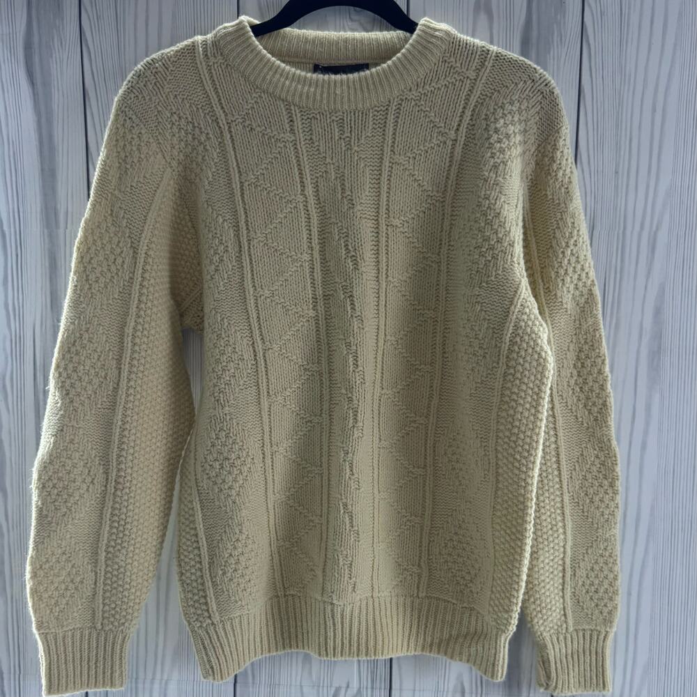 Vtg LAHMAR Sweater M Fisherman Cable Knit Cream Preppy Ivy League USA Made
